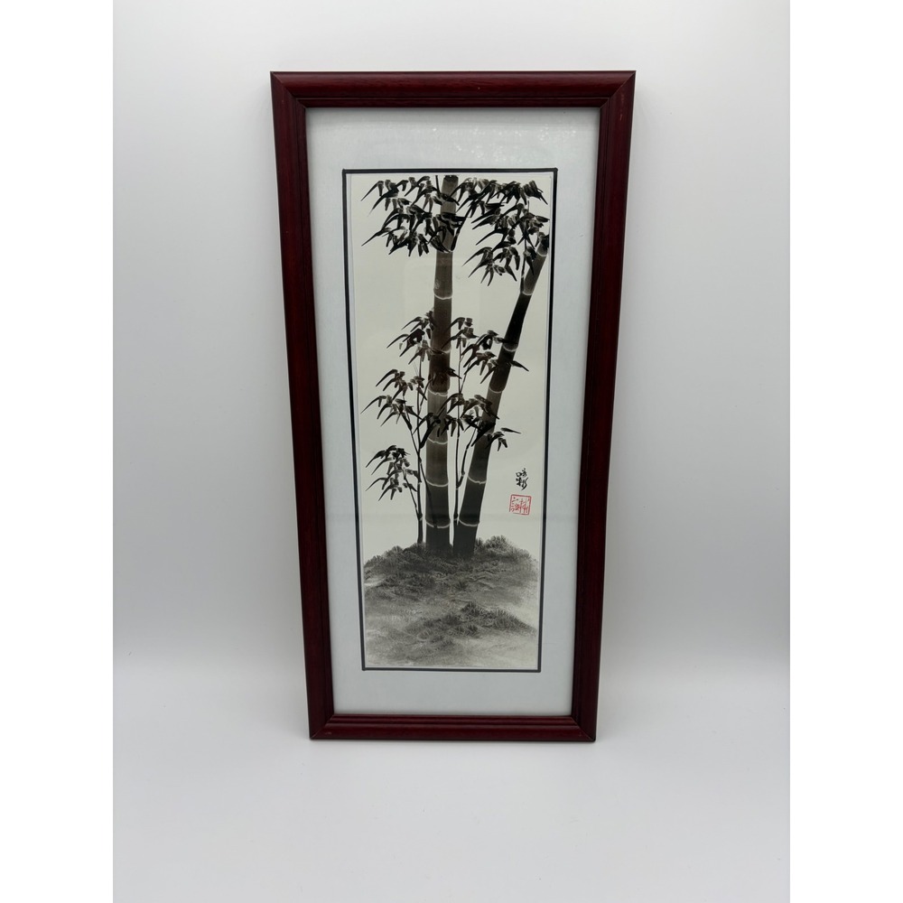 Vintage Chinese Bamboo Ink Wash Painting Framed Wall Art Signed Red Seal
